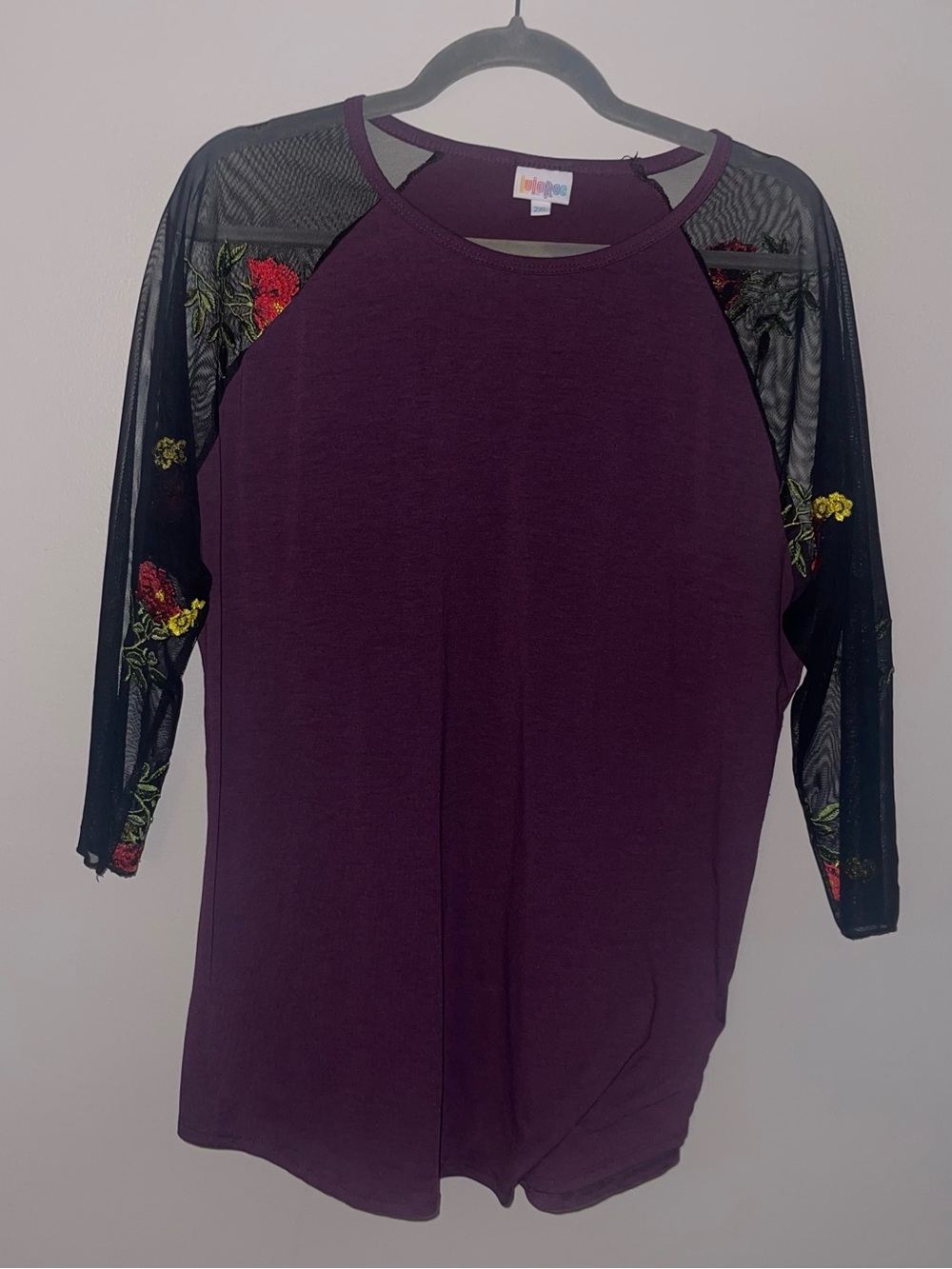 LuLaRoe Plum Top with Black Mesh Floral Sleeves